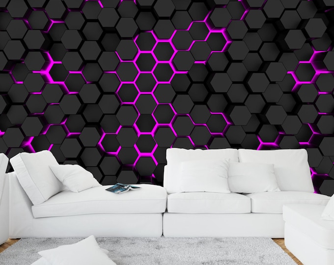 Dark Hexagons Vibrant Purple Lights Gift Art Print Photomural Wallpaper Mural Easy-Install Removeable Peel and Stick Large Photo Wall Decal