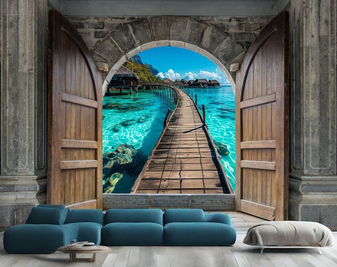 3D Wooden Castle Tropical Paradise Wooden Pier Gift Art Print Photomural Wallpaper Mural Easy-Install Removeable Peel and Stick Large Decal