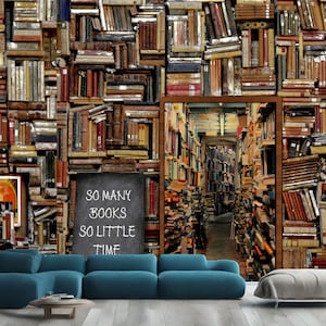 Vintage Library Book Shelves Reading Room Decor Wall Gift, Art Print Photomural Wallpaper Mural Easy-Install Removeable Peel and Stick Decal