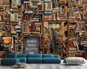 Vintage Library Bookshelf Wallpaper Mural, Removable Peel and Stick