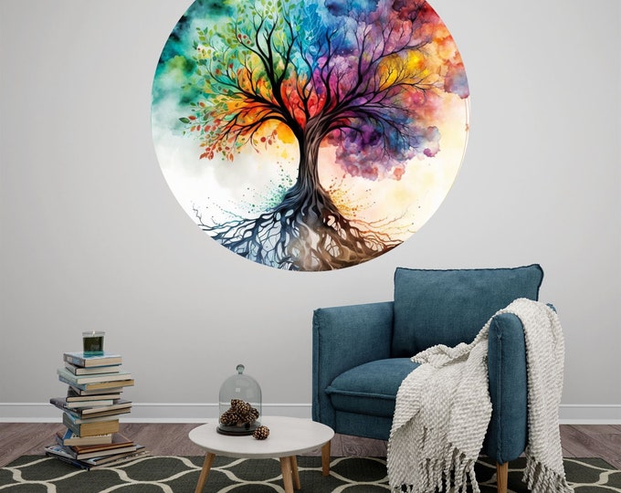 Watercolor Tree Illustration Art Circle Poster Photomural Wall Décor Easy-Install Removable Self-Adhesive High Quality Peel & Stick Sticker