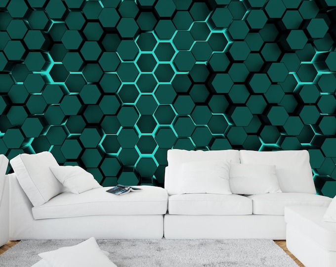 Dark Teal, Vibrant Cyan Lights Gift Art Print Photomural Wallpaper Mural Easy-Install Removeable Peel and Stick Large Photo Wall Decal Decor