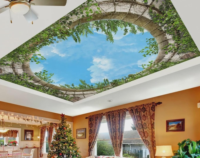 3D Sky Dream Ancient Arch Green Leaves Ceiling Gift Art Print Photomural Wallpaper Mural Easy-Install Removeable Peel and Stick Decal