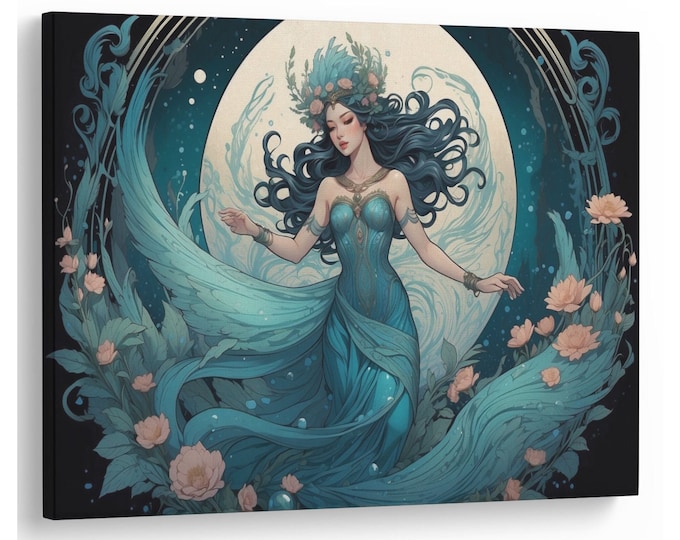 Stunning Art Nouveau Mythical Sea Goddess AI Generated Natural Canvas Print Wall Art Picture Great Gift Idea High-Quality Home Wall Art New