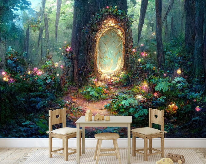 Fantasy Magic Portal in Mystic Fairytale Forest Gift, Art Print Photomural Wallpaper Mural Easy-Install Removeable Peel and Stick Wall Decal