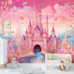 Fantasy Pink Princess Castle Gift for Kids, Art Print Photomural Wallpaper Mural Easy-Install Removeable Peel and Stick Large Wall Decal Art