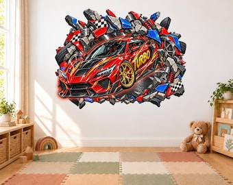 Turbo Racing Supercar Sticker Wall Decal, Exploding Concrete Sports Car Sticker