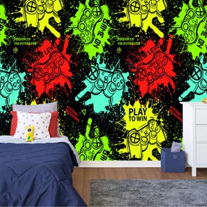 Gaming Room Game Playing Kids Room Decor Gift, Art Print Photomural Wallpaper Mural Easy-Install Removeable Peel and Stick Large Wall Decal