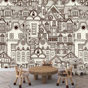 Outlined Village illustration Nursery Kids Decor Wall Gift Art Print Photomural Wallpaper Mural Easy-Install Removeable Peel and Stick Decal