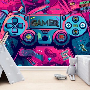 Gaming Room Game Playing Kids Room Decor Gift, Art Print Photomural Wallpaper Mural Easy-Install Removeable Peel and Stick Large Wall Decal