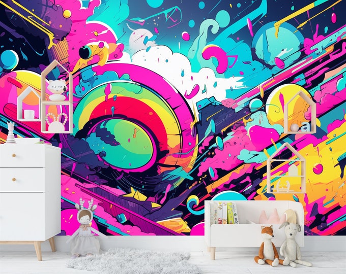 Abstract Neon Graffiti Kids Teenager Gift, Art Print Photomural Wallpaper Mural Easy-Install Removeable Peel and Stick Large Wall Decal Art