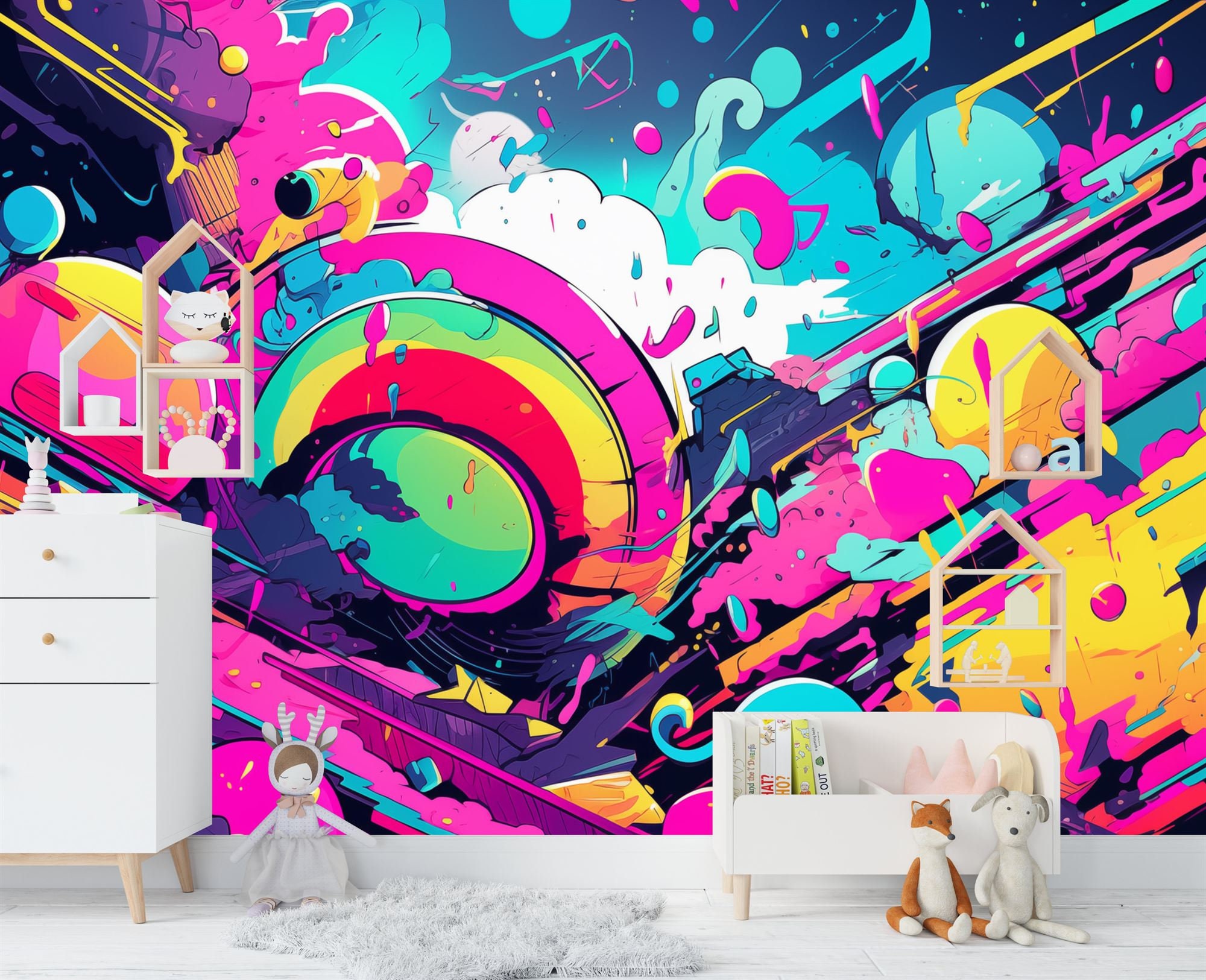 Abstract Neon Graffiti Kids Teenager Gift, Art Print Photomural Wallpaper Mural Easy-Install Removeable Peel and Stick Large Wall Decal Art
