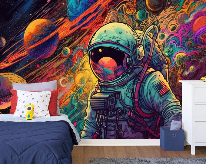 Spaceman Gift Colorful Psychedelic Galaxy, Art Print Photomural Wallpaper Mural Easy-Install Removeable Peel and Stick Large Wall Decal Art