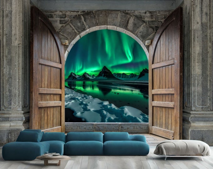 3D Wooden Castle Green Aurora Borealis View Gift Art Print Photomural Wallpaper Mural Easy-Install Removeable Peel and Stick Large Decal Art