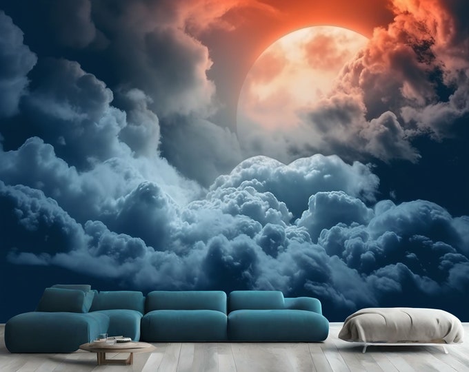 Night sky, Large full Moon and clouds Generative AI Modern Home Decor Easy-Install Wall Mural Wallpaper Peel and Stick Modern Art Washable