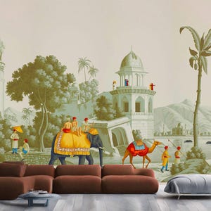 India Elephant in the Morning Mughal Home Decor Wall Gift, Art Print Photomural Wallpaper Mural Easy-Install Removeable Peel and Stick Decal