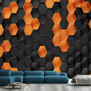 3D Orange Schwarz Sechsecke Abstrakt der Bienenwabe Geschenk, Kunstdruck Fotowandbild Tapete Wandbild Einfach zu installieren und abziehbar