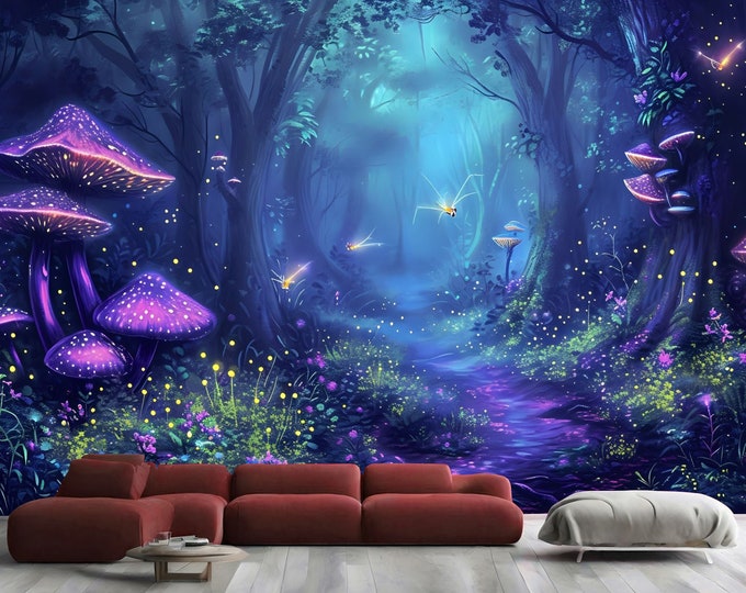 Ethereal Magic Glowing Forest Nursery Kids Decor Gift, Art Print Photomural Wallpaper Mural Easy-Install Removeable Peel and Stick Decal