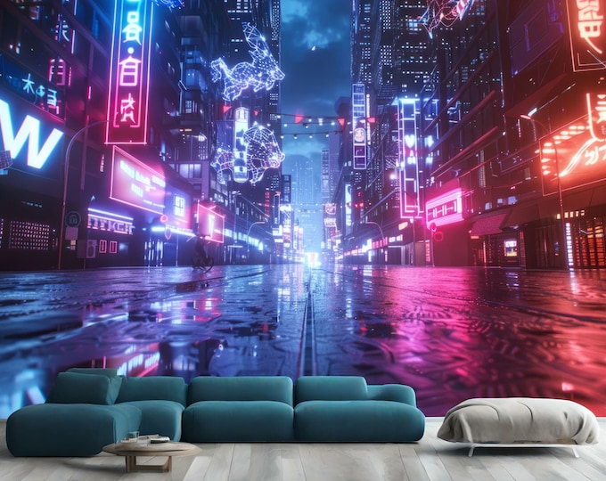 3D Futuristic Cyberpunk City Gaming Sci-Fi Gift, Art Print Photomural Wallpaper Mural Easy-Install Removeable Peel and Stick Wall Decal Art