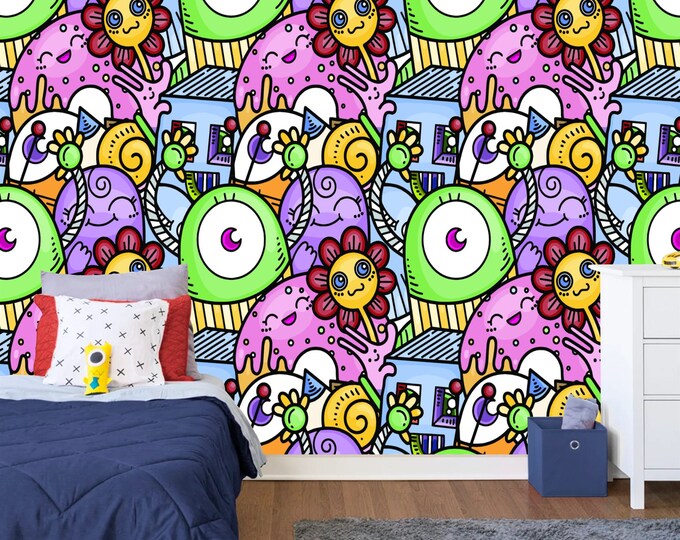 Doodle Pattern Kids Room Mural, Nursery Gift, Art Print Photomural Wallpaper Mural Easy-Install Removeable Peel and Stick Large Wall Decal