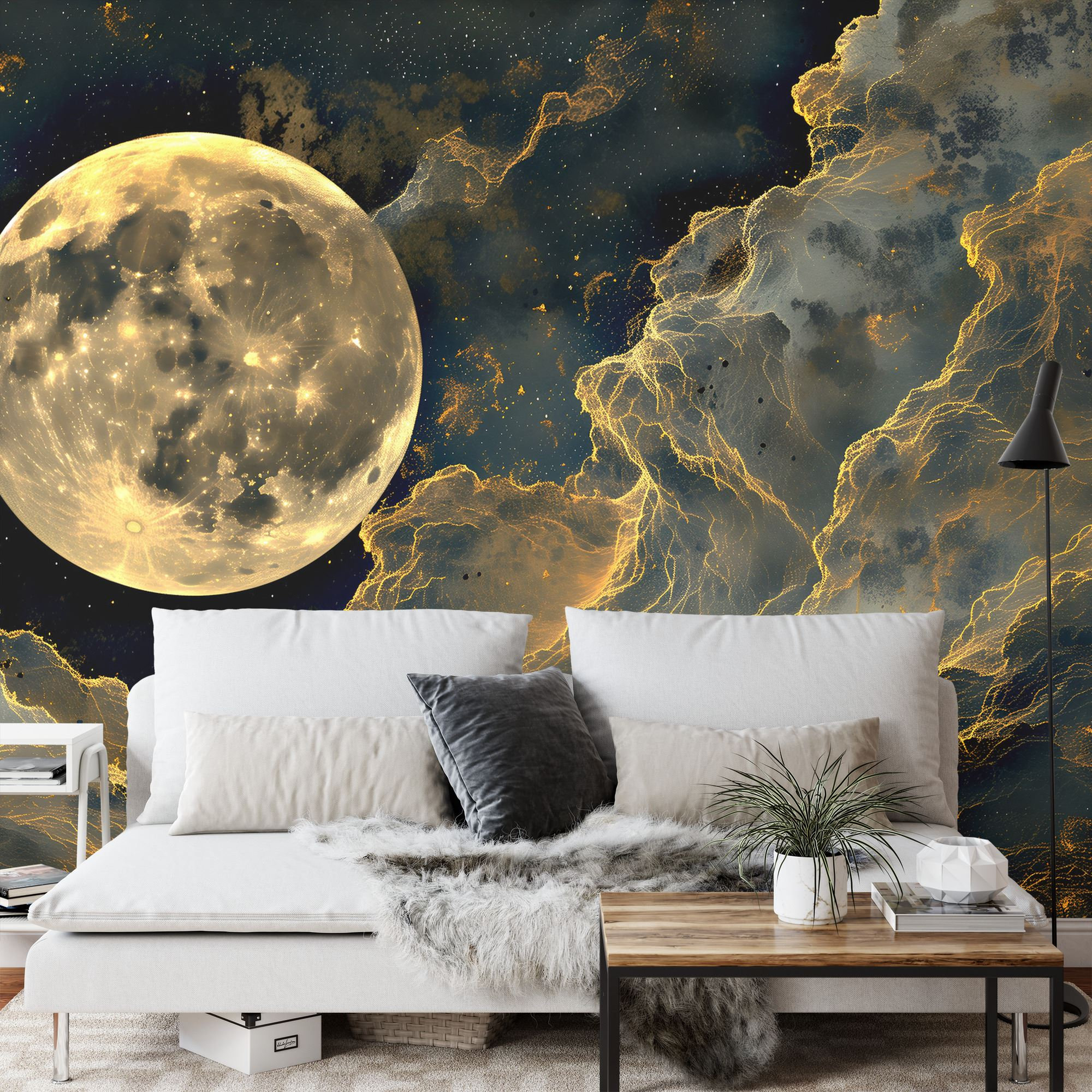 Golden Full Moon Wall Mural, Cloudy Night Peel and Stick Wallpaper - Etsy
