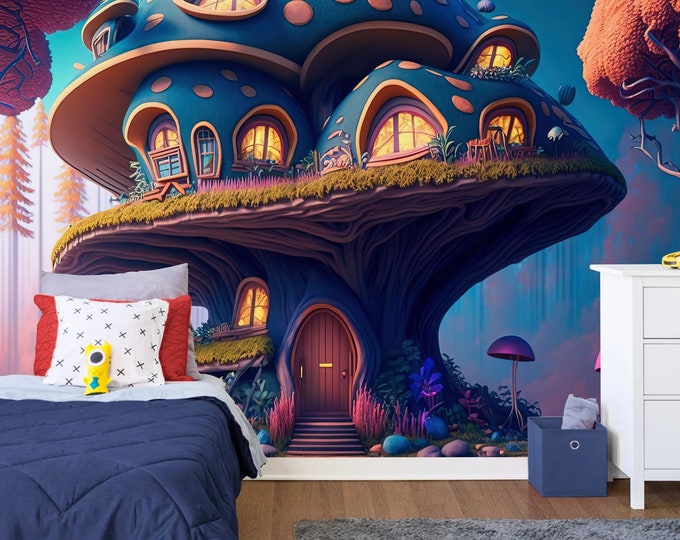 Fairytale Giant Fantasy Mushroom Mystical House Gift Art Print Photomural Wallpaper Mural Easy-Install Removeable Peel and Stick Large Decal