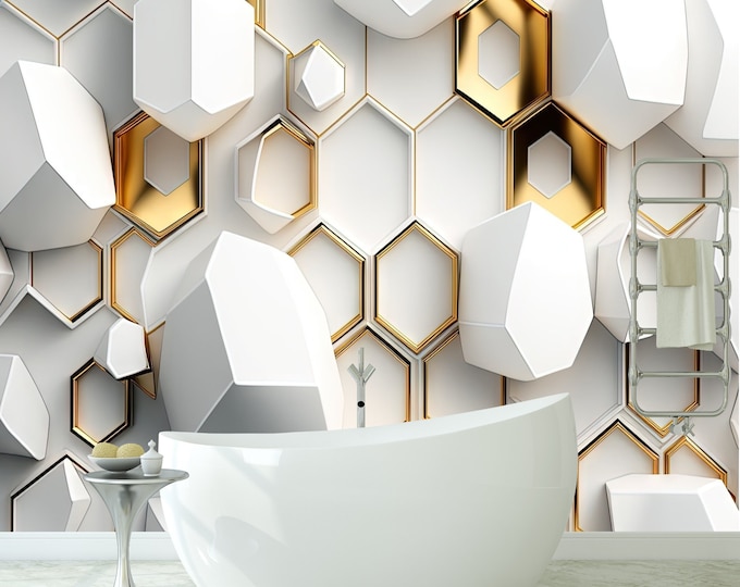 White and Gold 3D Hexagones Art Print Photomural Wallpaper Mural Easy-Install Removeable Peel and Stick Premium Large Photo Wall Decal New