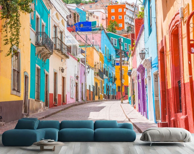 Colorful Alley in Guanajuato City Mexico Gift, Art Print Photomural Wallpaper Mural Easy-Install Removeable Peel and Stick Large Wall Decal