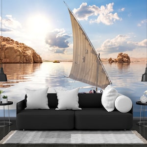 Felucca and Islands by the Nile Aswan Egypt, River, Sunlight Decor Easy-Install Wall Mural Wallpaper Peel and Stick Modern Art Washable New