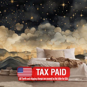 Gold Night Sky Wallpaper Mural, Stars, Clouds, Easy-Install Peel and Stick