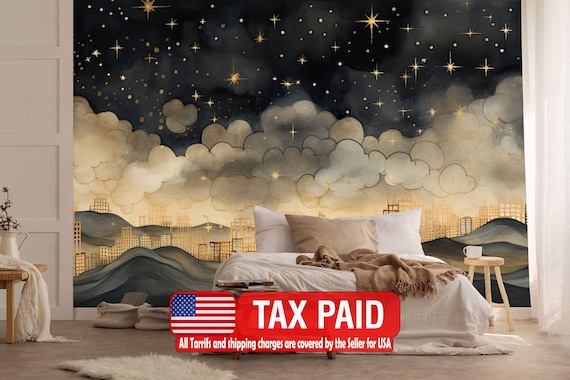 Gold Night Sky Wallpaper Mural, Stars, Clouds, Easy-Install Peel and Stick