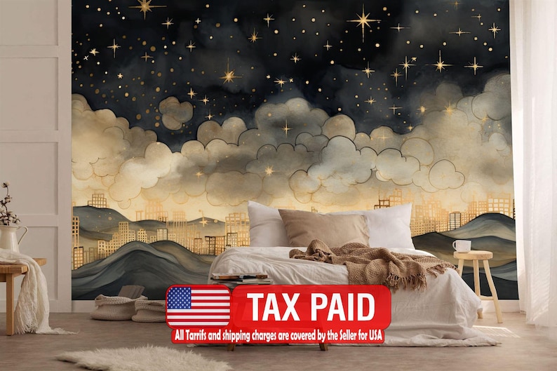Gold Night Sky Wallpaper Mural, Stars, Clouds, Easy-Install Peel and Stick image 1
