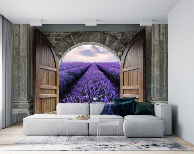 3D Wooden Castle Lavender Meadow Field View Gift Art Print Photomural Wallpaper Mural Easy-Install Removeable Peel and Stick Large Decal Art