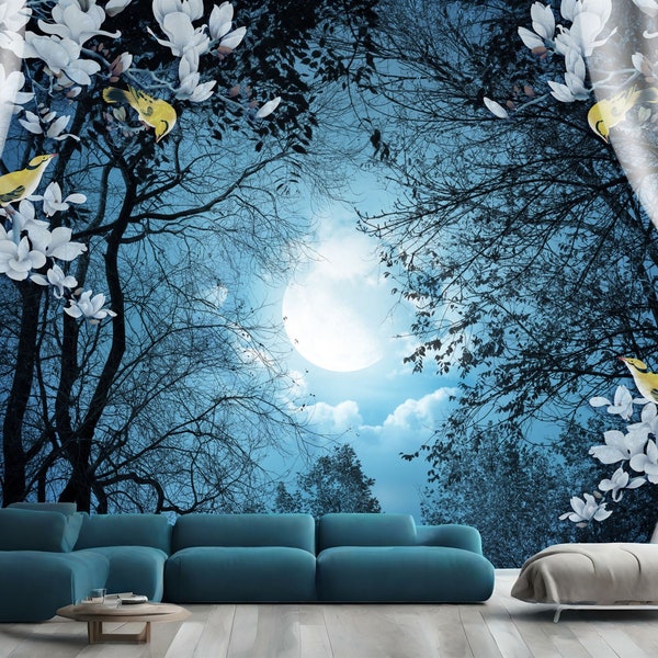 Natural Scenery Peaceful Night Forest Moon Gift Art Print Photomural Wallpaper Mural Easy-Install Removeable Peel and Stick Large Wall Decal