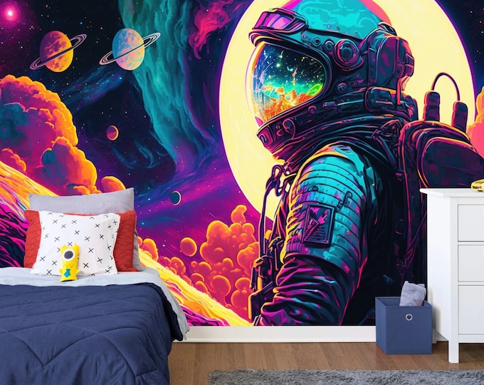 Spaceman Gift Colorful Psychedelic Galaxy, Art Print Photomural Wallpaper Mural Easy-Install Removeable Peel and Stick Large Wall Decal Art