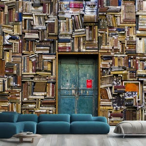 Vintage Library Book Shelves Reading Room Decor Wall Gift, Art Print Photomural Wallpaper Mural Easy-Install Removeable Peel and Stick Decal