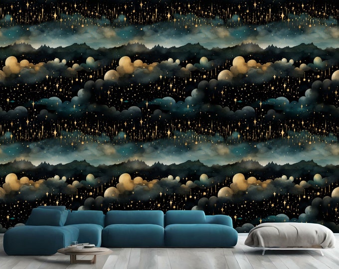 Mystical Golden Stars on Misty Mountains, Clouds Gift Art Print Photomural Wallpaper Mural Easy-Install Removeable Peel and Stick Wall Decal