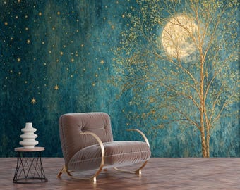 Gold Tree Moon Night Art Wallpaper Mural, Peel and Stick