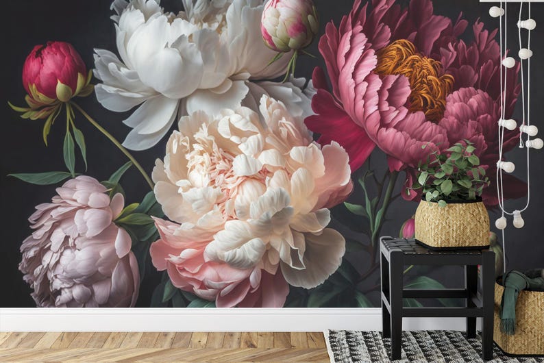 Baroque Peonies Wallpaper Mural, Rich Deep Colors, Easy-install Peel ...