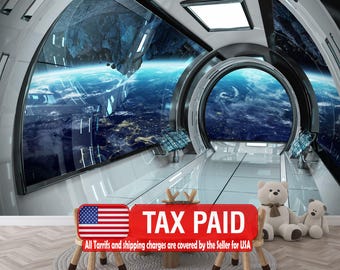 Spaceship Window View Wall Mural, Peel and Stick Outer Space Wallpaper, Kids Room Decor