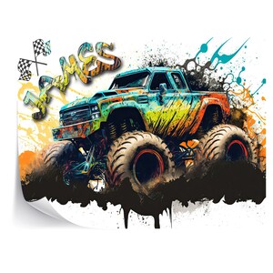 May include: A colorful monster truck with the name "James" in a graffiti style font. The truck is driving through mud and dirt, with splashes of paint in the background.