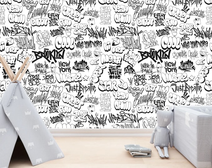 Urban Graffiti Black and White Kids Room Gift, Art Print Photomural Wallpaper Mural Easy-Install Removeable Peel and Stick Large Wall Decal