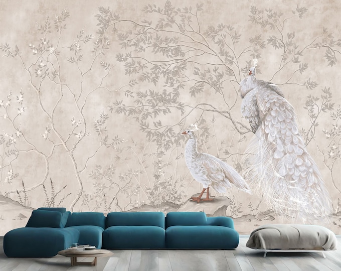 Chinoiserie Vintage Peacock Flowers Gift Art Print Photomural Wallpaper Mural Easy-Install Removeable Peel and Stick Large Wall Decal Art