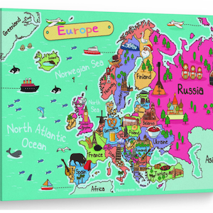 Illustration de carte colorée pour enfants de l'Europe, dessin animé éducatif, impression sur toile naturelle, art mural, excellente idée cadeau, art mural de haute qualité pour la maison