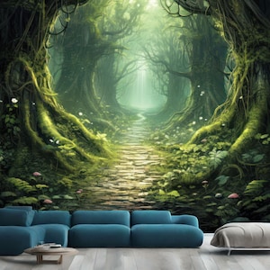 Cadeau mystique forêt verte lumière du soleil lucioles, impression d'art photo mural papier peint mural amovible facile à installer grand sticker mural