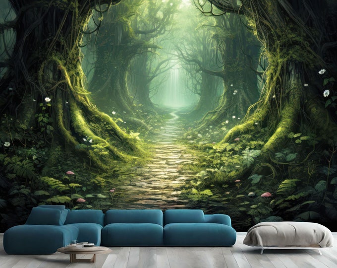Mystical Green Forest Sunlight Fireflies Gift, Art Print Photomural Wallpaper Mural Easy-Install Removeable Peel and Stick Large Wall Decal