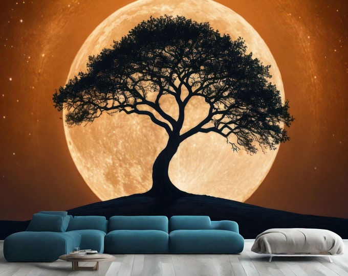 Tree on Hill Top Under Red Full Moon Gift, Art Print Photomural Wallpaper Mural Easy-Install Removeable Peel and Stick Large Wall Decal Art