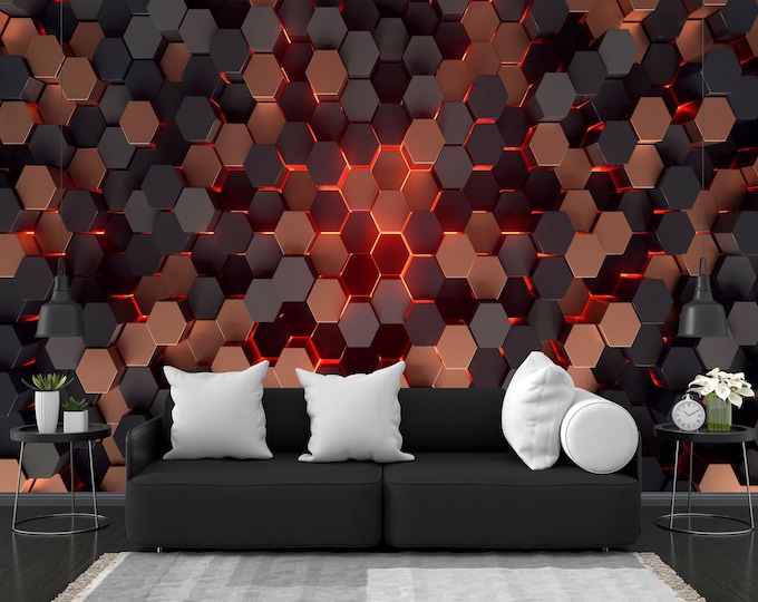 Brown & Black, Hexagons, Geometric, Gift, Art Print Photomural Wallpaper Mural Easy-Install Removeable Peel and Stick Large Photo Wall Decal