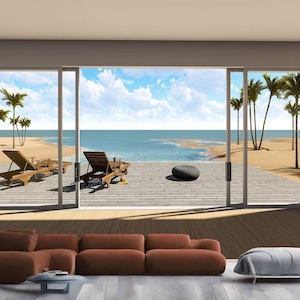 3D Window Ocean View Nature Palm Trees Gift Art Print Photomural Wallpaper Mural Easy-Install Removeable Peel and Stick Large Wall Decal Art