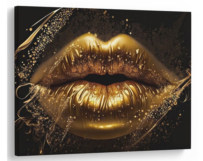 Golden Lips Abstract Painting on Black Background Modern Natural Canvas Print Wall Art Picture Great Gift Idea High-Quality Home Wall Decor